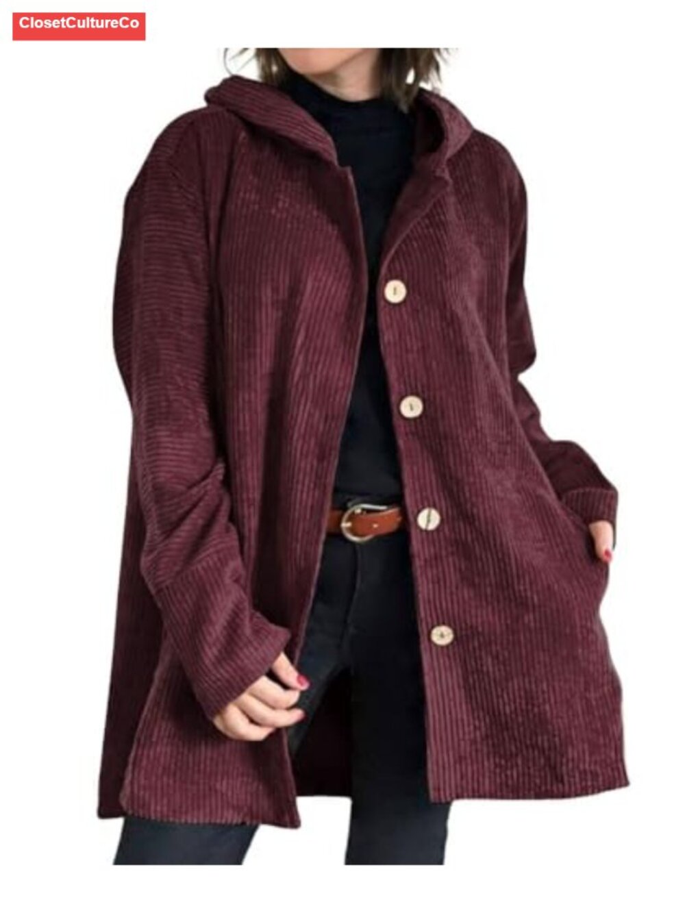 Corduroy Hooded Trench Coat Loose Button Down Casual Jacket